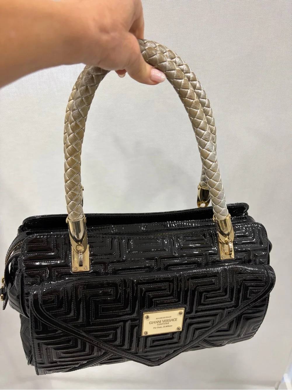 Versace Black Patent Leather Braided-Handle Satchel with Gold Plaque